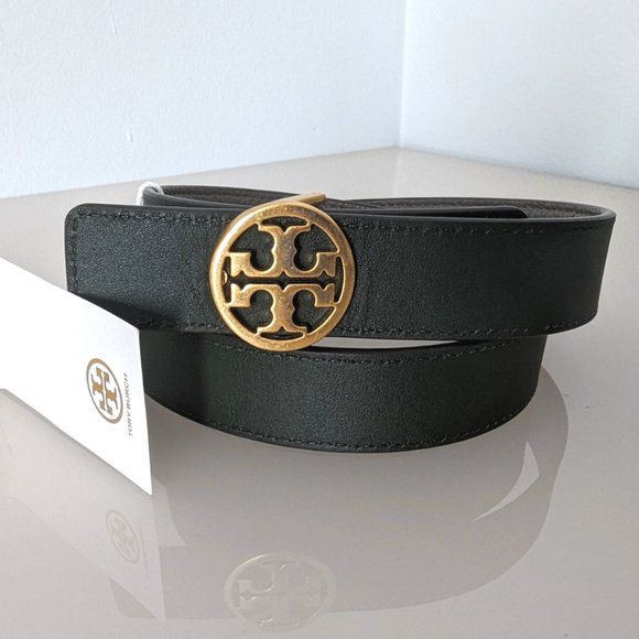 Tory Burch Reversible 1" Logo Buckle Belt Gray Heron Poblano Gold Green - Picture 2 of 7